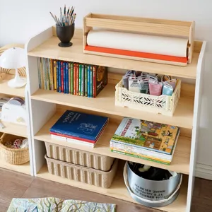 Wooden kids bookshelf multi tier storage rack children room toy organizer minimalist shelf