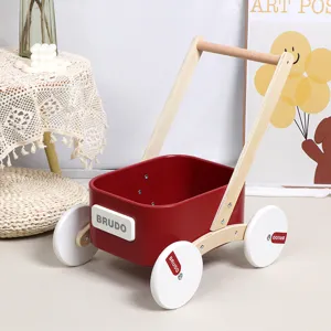 Wooden baby walker for toddlers, push and pull educational toy cart with red body and wheels.