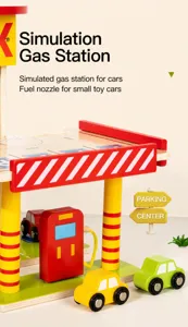 Wooden toy gas station parking garage set with cars for kids pretend play and educational fun.
