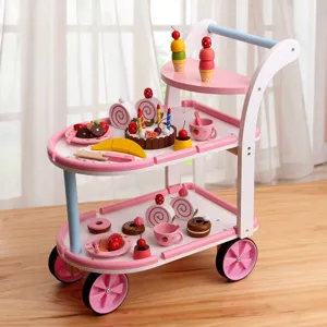 Children Wooden Cake Cart Pretend Play Kitchen Toy Set Simulated Dessert Trolley