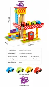 Wooden parking garage toy detail view with colorful cars and helicopter, perfect for kids.