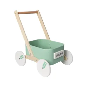 Wooden baby walker push toy with pastel green storage basket and white wheels for toddlers.