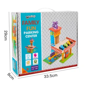 Wooden toy parking garage playset with cars and helicopter, 3-level parking track for kids.