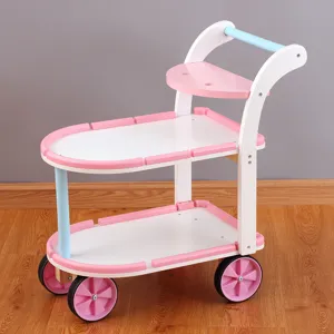 Children wooden dessert cart toy pink white multi-tier pretend play trolley for kids main view.