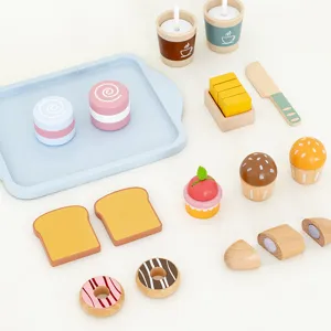 Wooden play kitchen toy set for kids, breakfast bread milk simulation role play toys.