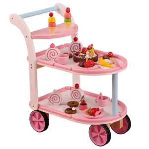 Wooden kids afternoon tea cake toy cart, pink double-layer trolley with dessert play set.