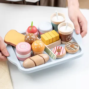 Kids wooden pretend play breakfast kitchen toy set, cute bread and coffee cup model gifts.