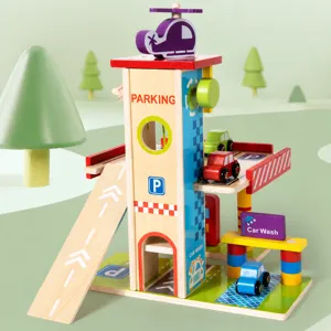 Wooden parking garage toy set with cars helicopter multi-level sliding tracks for kids