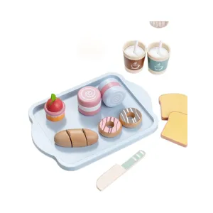 Wooden pretend play kitchen breakfast toy set with tray and food models for kids role play.