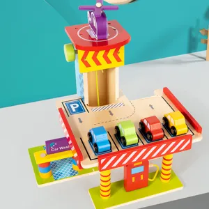 Children wooden parking garage toy with cars and helicopter track set for kids play.