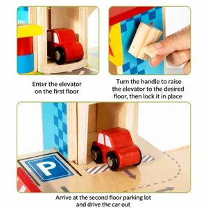 Children wooden toy parking garage playset with elevator and cars for interactive fun.