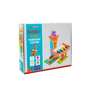 Children wooden parking lot toy set with cars and helicopter, three-layer sliding track.