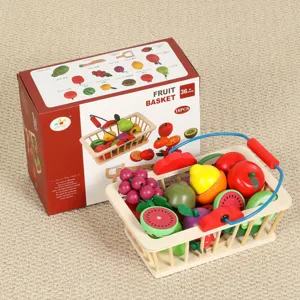 Wooden fruit cutting toy set with basket, educational pretend play toy for kids 16pcs.