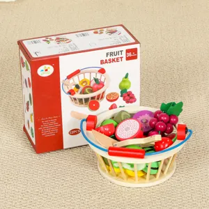Wooden fruit cutting toy set, pretend play food basket for kids learning and fun.