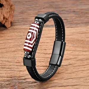 Tibetan style men leather bracelet with red Dzi bead and black stainless steel magnetic clasp.