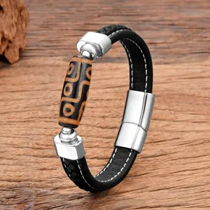 Tibetan style Dzi bead leather bracelet for men with stainless steel magnetic clasp and stitching