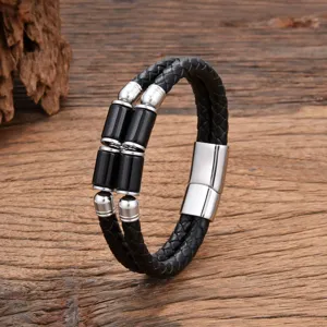 Doppeltsträngiges schwarzes Lederarmband geflochten mit Steinperlen und Edelstahl Magnetverschluss.
