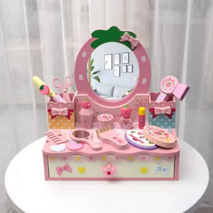 Kids wooden pretend play makeup vanity toy set with mirror and accessories for girls.