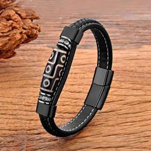 Men's double layer leather bracelet with Dzi bead stainless steel magnetic clasp vintage