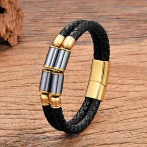 Bracelet en Cuir Tressé Double Couche pour Homme Fermoir Magnétique en Acier Inoxydable Bijoux Minimalistes Cadeau