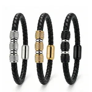 Bracciale da Uomo in Pelle Intrecciata Con Chiusura Magnetica Stile Punk Acciaio Inossidabile Perline Braccialetto Gioielli Moda