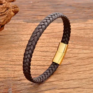 Braided leather bracelet for men and women, retro brown strap with gold stainless steel magnetic clasp.