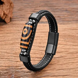 Tibetan Dzi bead leather bracelet detail, black woven double layer with stainless steel clasp.