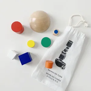 Wooden balancing toy set with colorful geometric blocks and storage bag for kids early learning