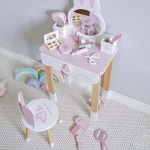 Ensemble coiffeuse et chaise de maquillage en bois pour enfants avec joli design de lapin.