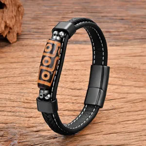 Tibetan style Dzi bead leather bracelet for men featuring black stainless steel magnetic clasp.