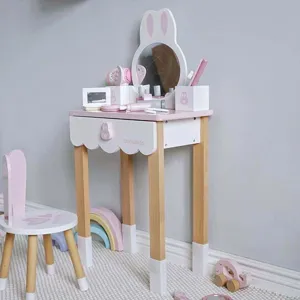 Ensemble coiffeuse et chaise en bois pour enfants, jouet de maquillage lapin pour filles.