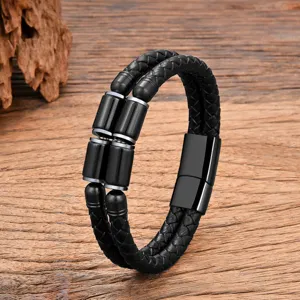 Vintage doppelsträngiges geflochtenes schwarzes Lederarmband mit Perlen und Magnetverschluss.