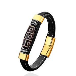 Men vintage retro leather bracelet with dzi bead gold stainless steel magnetic clasp jewelry