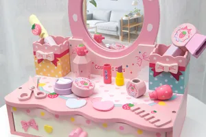Wooden pretend makeup dressing table toy set for little girls with cute strawberry accessories.