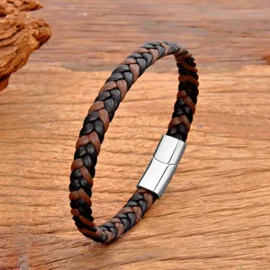 Braided leather bracelet with stainless steel magnetic clasp, stylish daily detail view.
