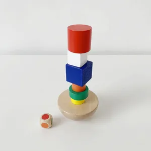 Wooden balancing stacking toy set with colorful blocks and dice for kids educational play.