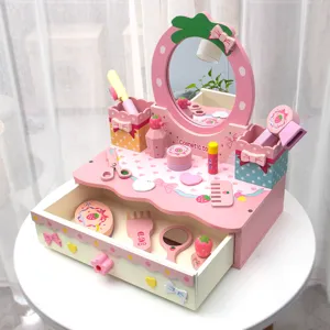 Wooden kids pretend play makeup vanity table pink dressing toy set with drawer and accessories