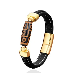 Tibetan style leather bracelet with metal magnetic clasp and vintage bead design for men.