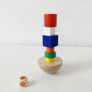 Wooden stacking balancing game toy with colorful blocks and hemisphere base for kids.