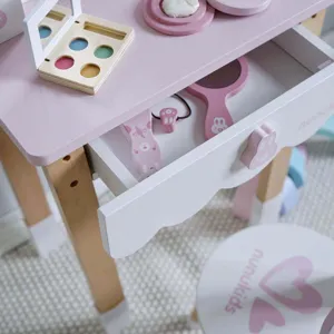 Coiffeuse de maquillage en bois pour enfants jeu de rôle avec tabouret et accessoires de jeux.
