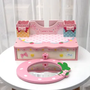 Wooden pretend play makeup vanity toy set with drawer and mirror for little girls gift.