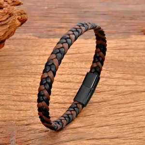 Retro braided leather bracelet with black brown strands and steel magnetic clasp for men women