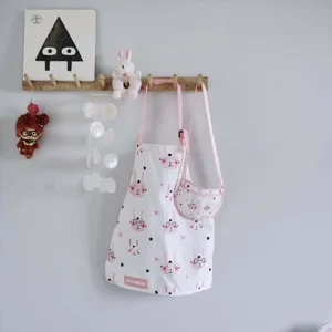 Ensemble tablier et sac en coton mignon pour enfants avec impression de lapin rose