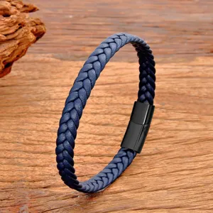 Detailed view of the blue braided leather bracelet with black magnetic clasp, simple style.