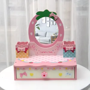 Wooden pretend play makeup vanity table toy with mirror, drawers and cute pink design for girls.