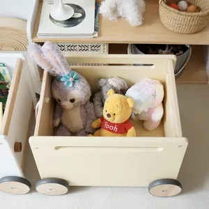 Wooden toy storage cart for kids, rolling trolley organizer with plush toys design.