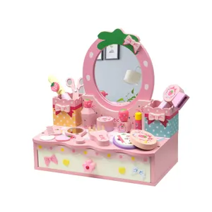 Kids wooden pretend play makeup vanity set with mirror and cute strawberry accessories.