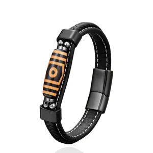 Tibetan style dzi bead leather bracelet for men with black stainless steel magnetic clasp.