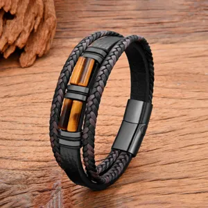 Vintage Stainless Steel Magnetic Clasp Genuine Leather Braided Bracelet For Men Natural Tiger Eye Stone Multi Layer Geometric Cylinder Beaded Wristband Jewelry Gift