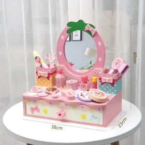 Kids wooden pretend play dressing table toy makeup set with mirror drawer and cute accessories.